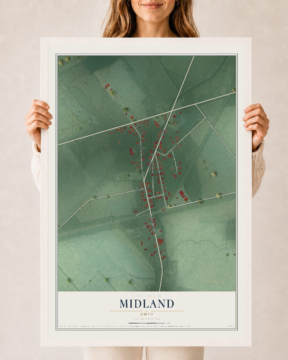 Map of Midland, Ohio, 24 x 36 inch print in a white wood frame