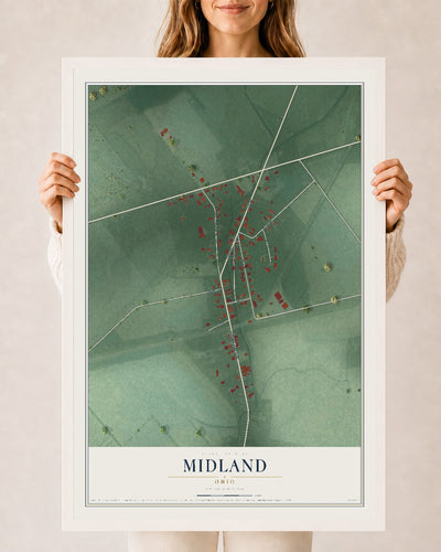 Map of Midland, Ohio, 24 x 36 inch print in a white wood frame
