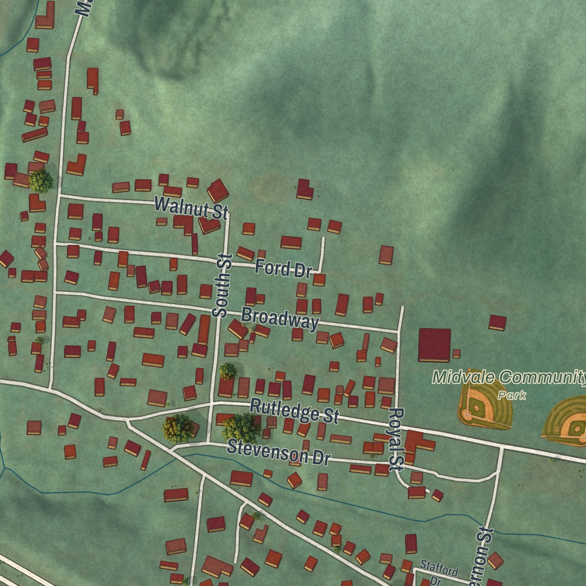 Second close-up of the map of Midvale, Ohio print showing more streets and buildings