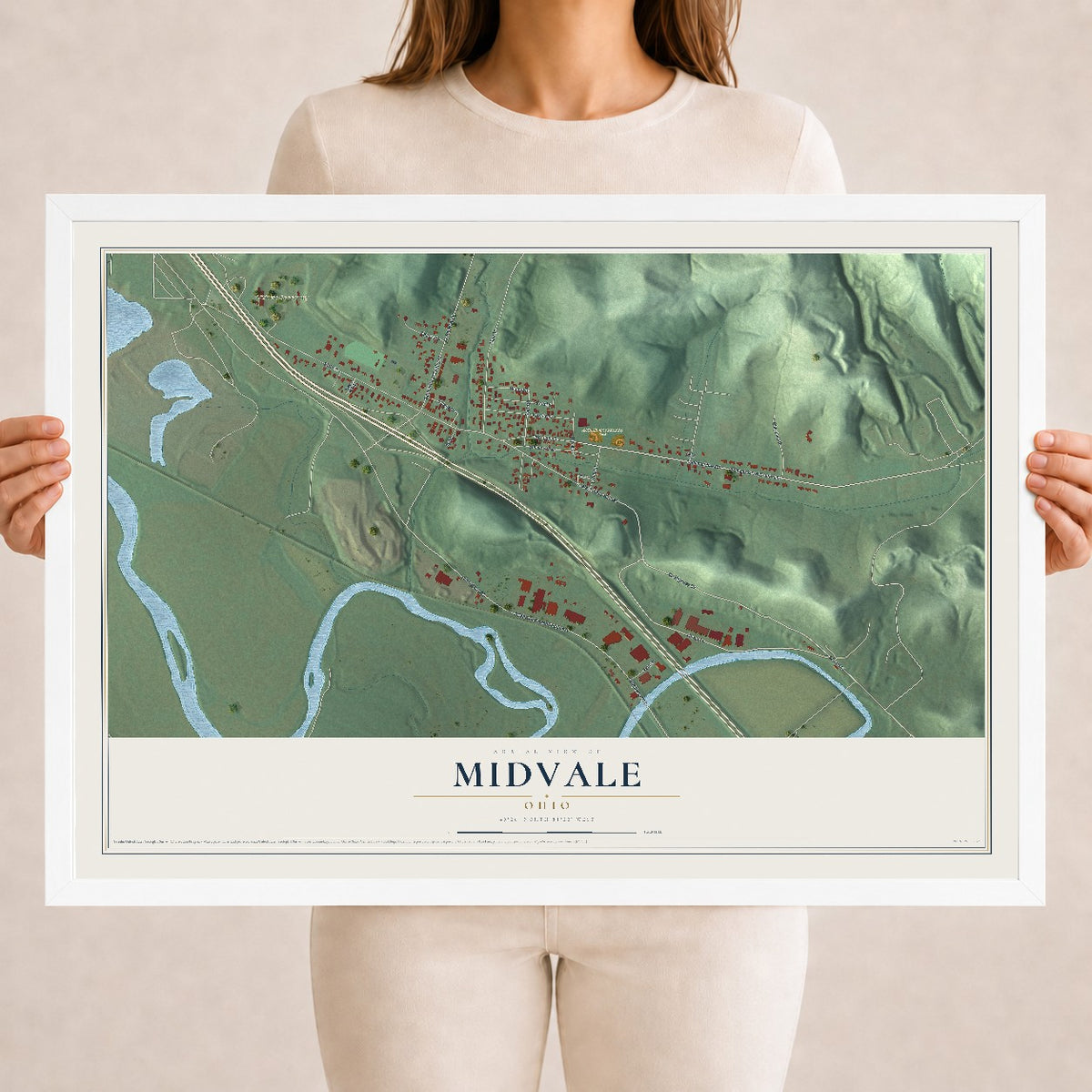 Map of Midvale, Ohio, 18 x 24 inch print in a white wood frame