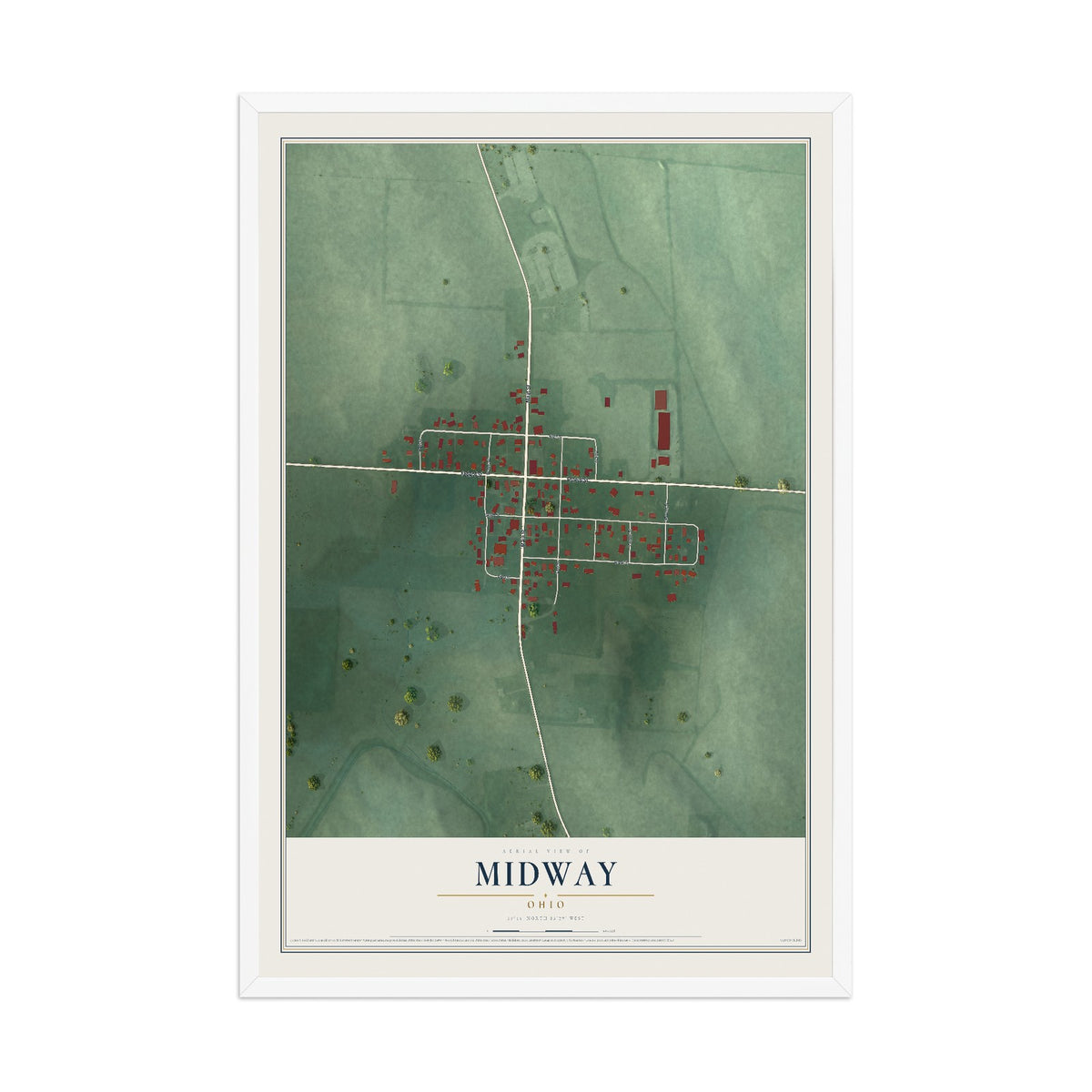Map of Midway, Ohio, 12 x 18 inch print in a white wood frame