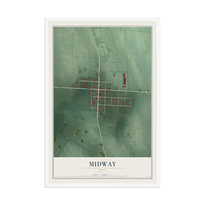Map of Midway, Ohio, 12 x 18 inch print in a white wood frame