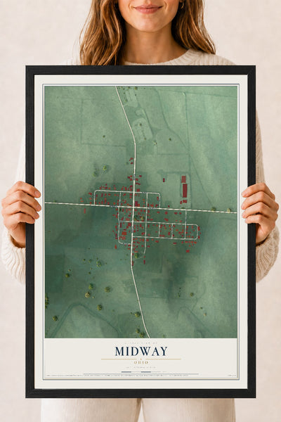 Map of Midway, Ohio, 18 x 24 inch print in a black wood frame