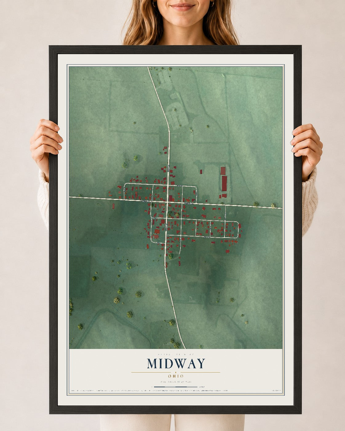 Map of Midway, Ohio, 24 x 36 inch print in a black wood frame