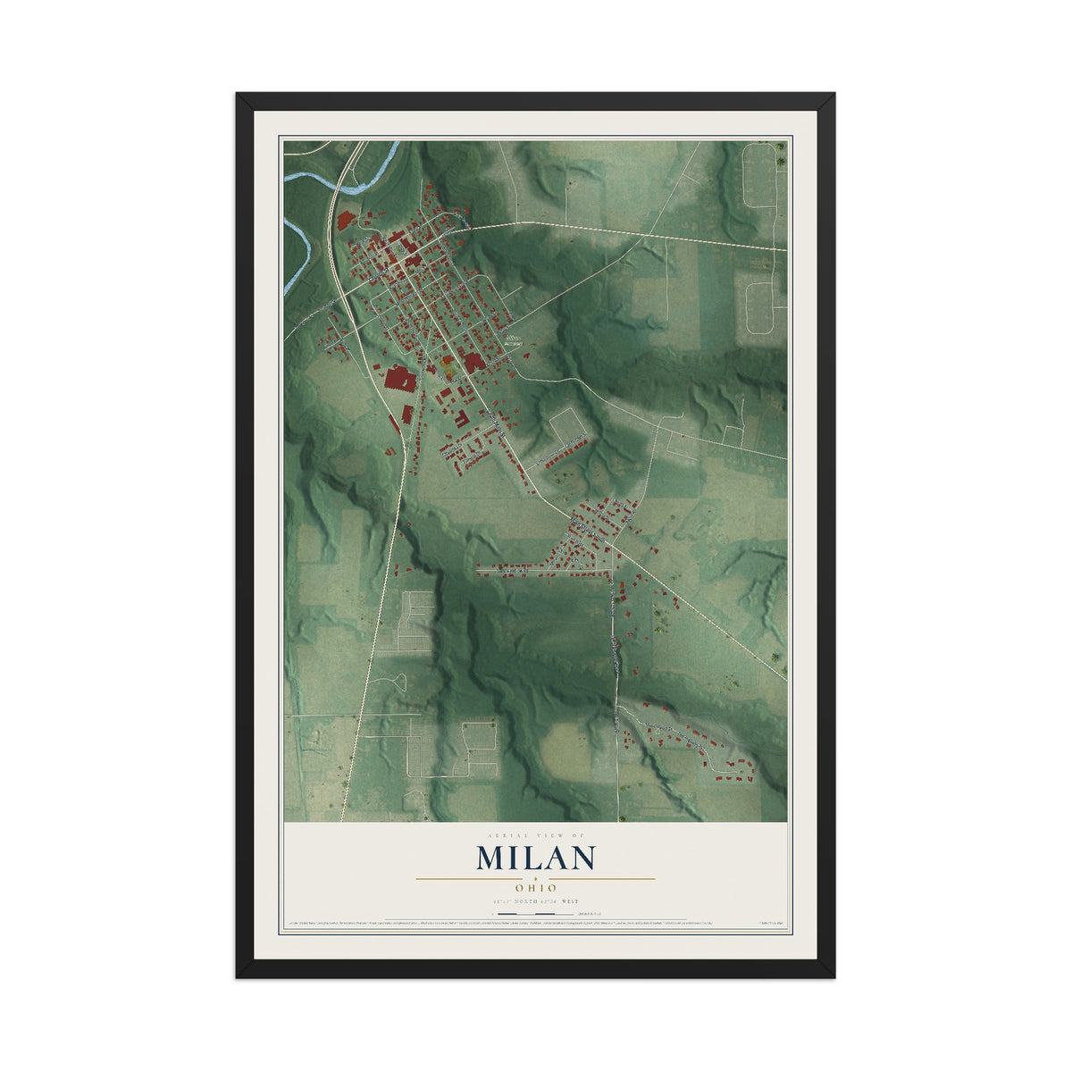 Map of Milan, Ohio, 12 x 18 inch print in a black wood frame