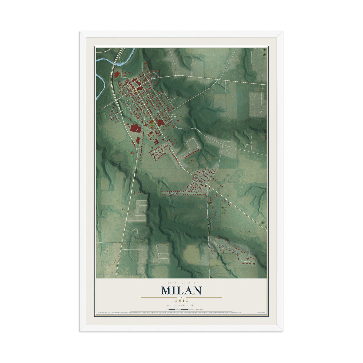 Map of Milan, Ohio, 12 x 18 inch print in a white wood frame