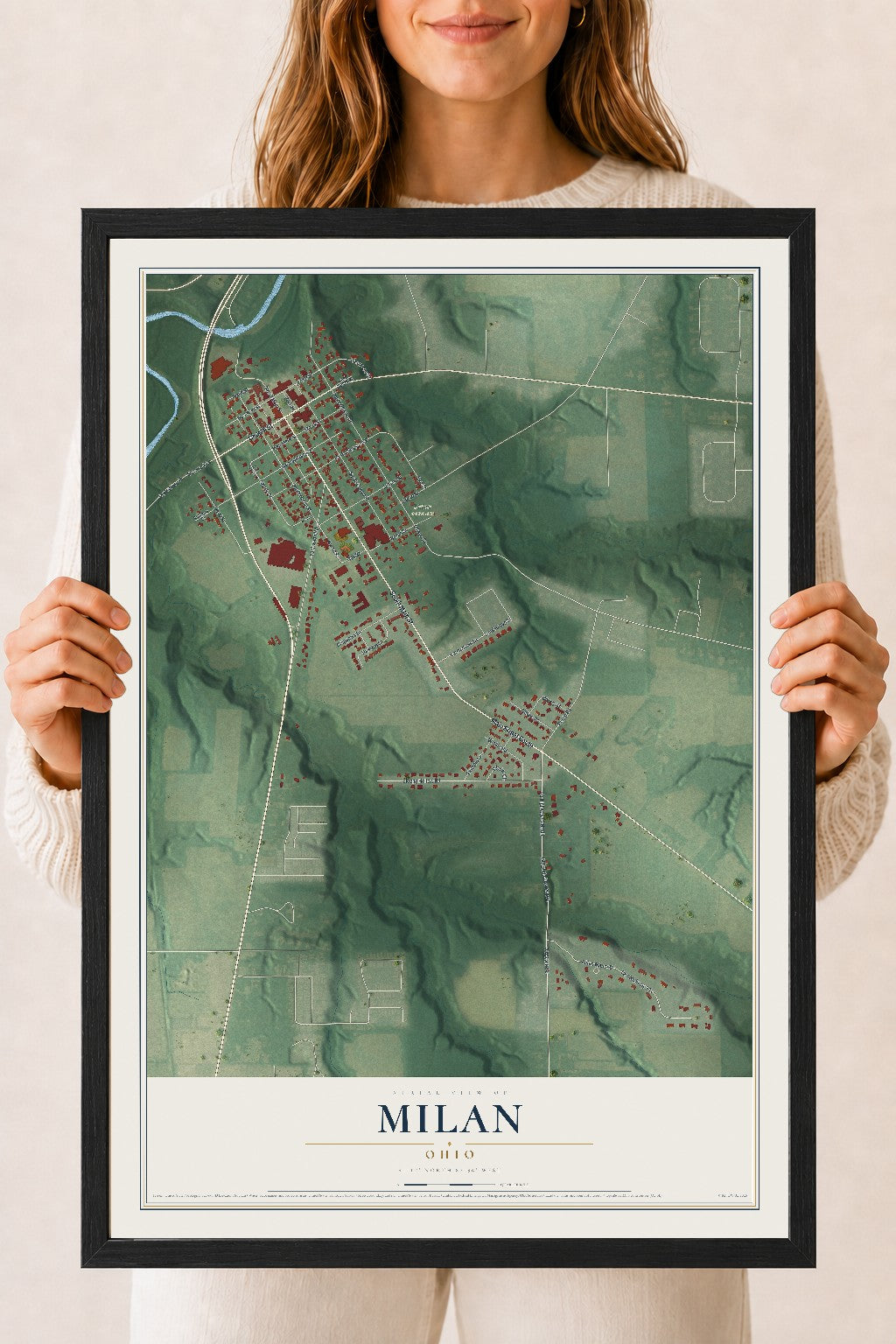 Map of Milan, Ohio, 18 x 24 inch print in a black wood frame