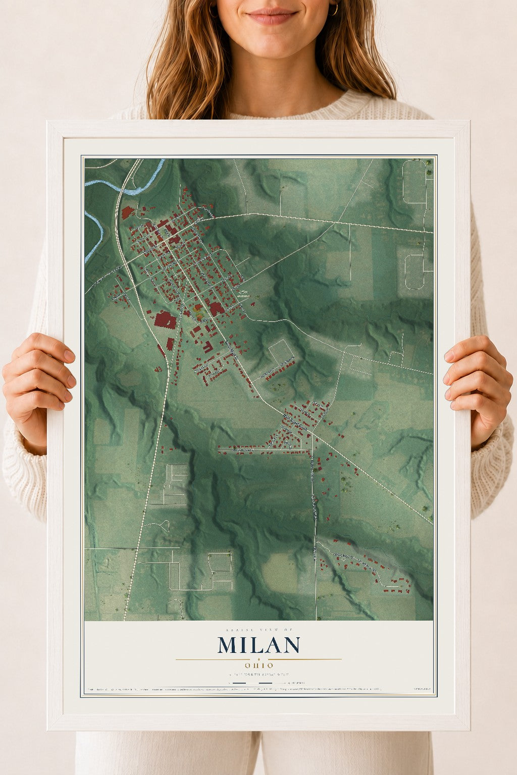Map of Milan, Ohio, 18 x 24 inch print in a white wood frame