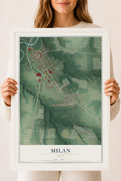 Map of Milan, Ohio, 18 x 24 inch print in a white wood frame