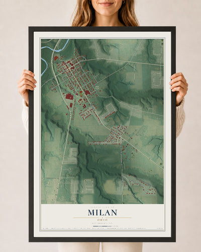 Map of Milan, Ohio, 24 x 36 inch print in a black wood frame