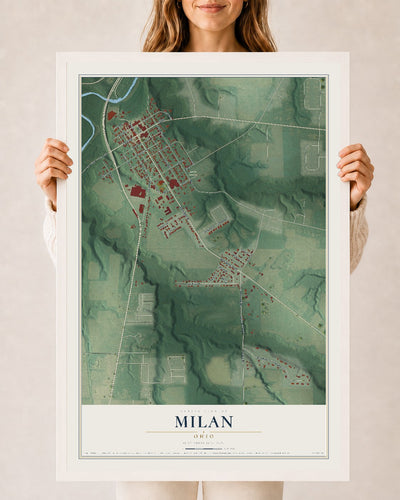 Map of Milan, Ohio, 24 x 36 inch print in a white wood frame