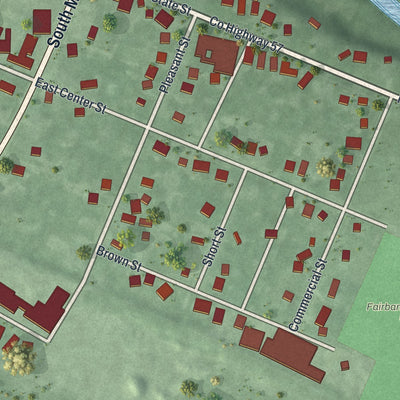 Close-up of the map of Milford Center, Ohio print showing street and building detail