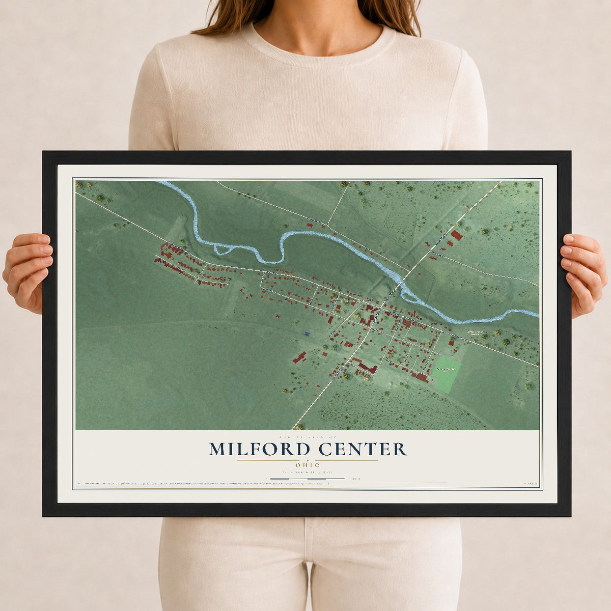 Map of Milford Center, Ohio, 12 x 18 inch print in a black wood frame