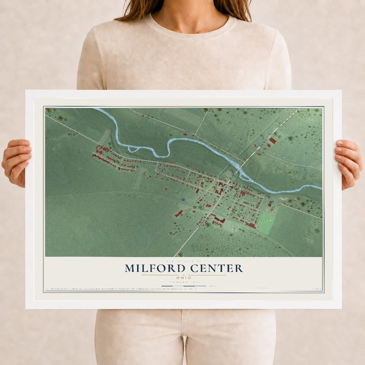 Map of Milford Center, Ohio, 12 x 18 inch print in a white wood frame