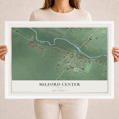 Map of Milford Center, Ohio, 18 x 24 inch print in a white wood frame