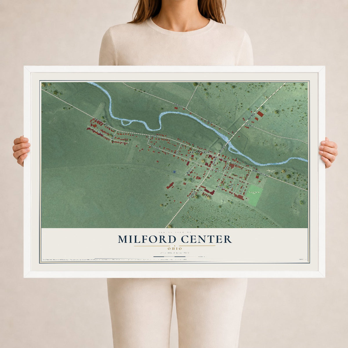 Map of Milford Center, Ohio, 24 x 36 inch print in a white wood frame