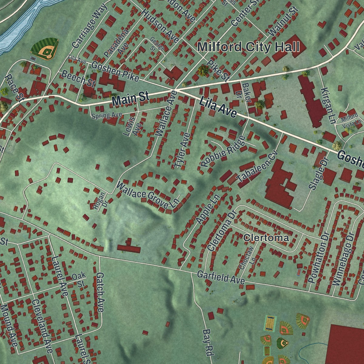 Close-up of the map of Milford, Ohio print showing street and building detail