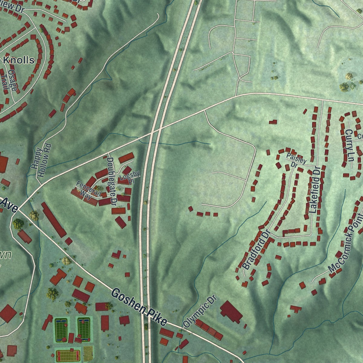 Second close-up of the map of Milford, Ohio print showing more streets and buildings