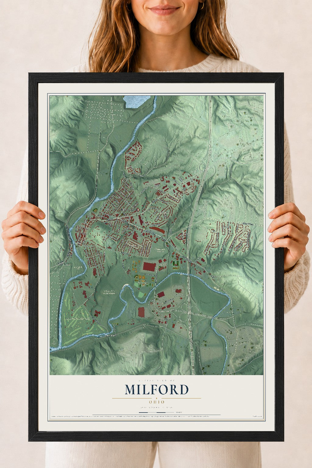 Map of Milford, Ohio, 18 x 24 inch print in a black wood frame
