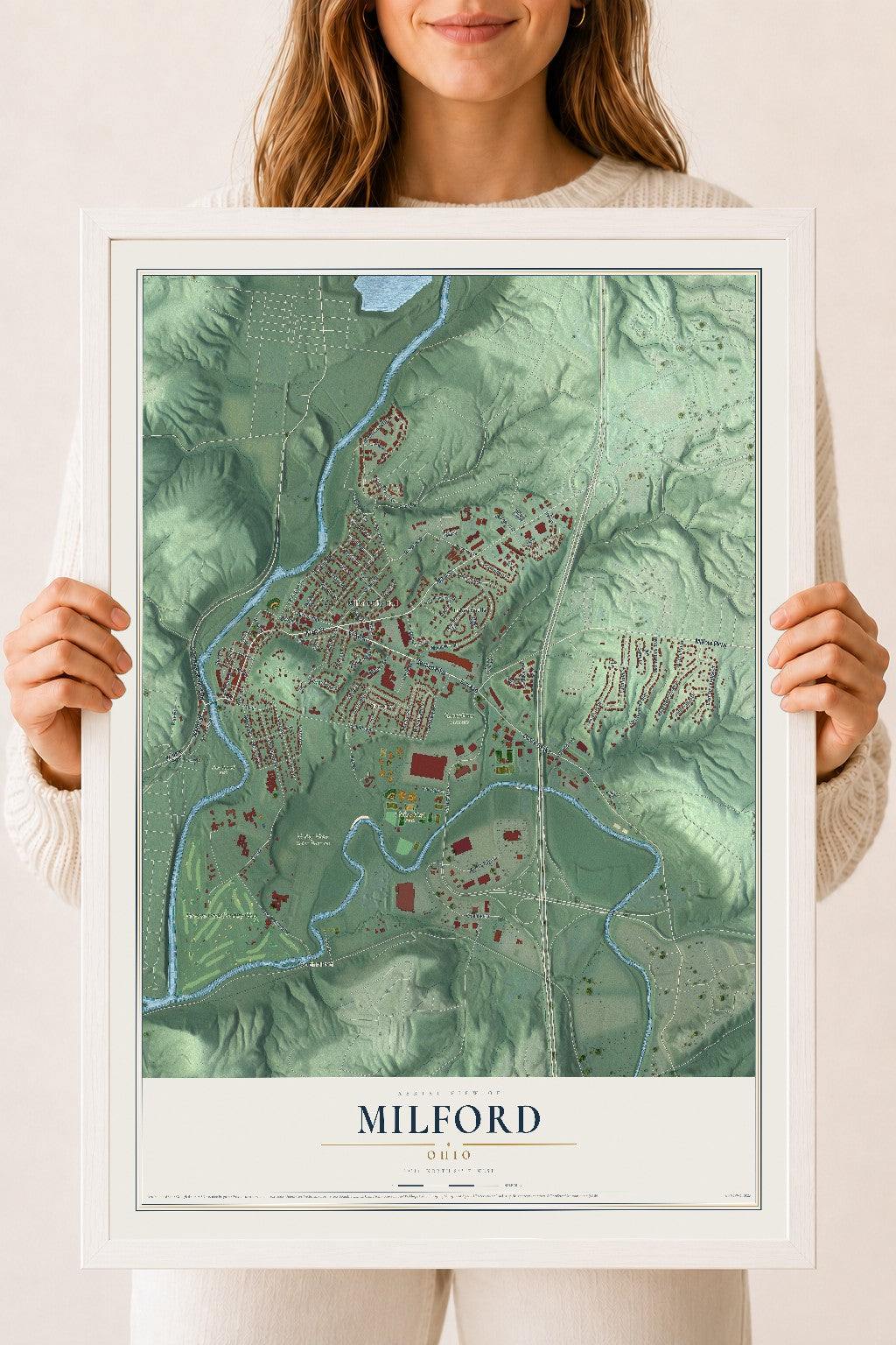 Map of Milford, Ohio, 18 x 24 inch print in a white wood frame