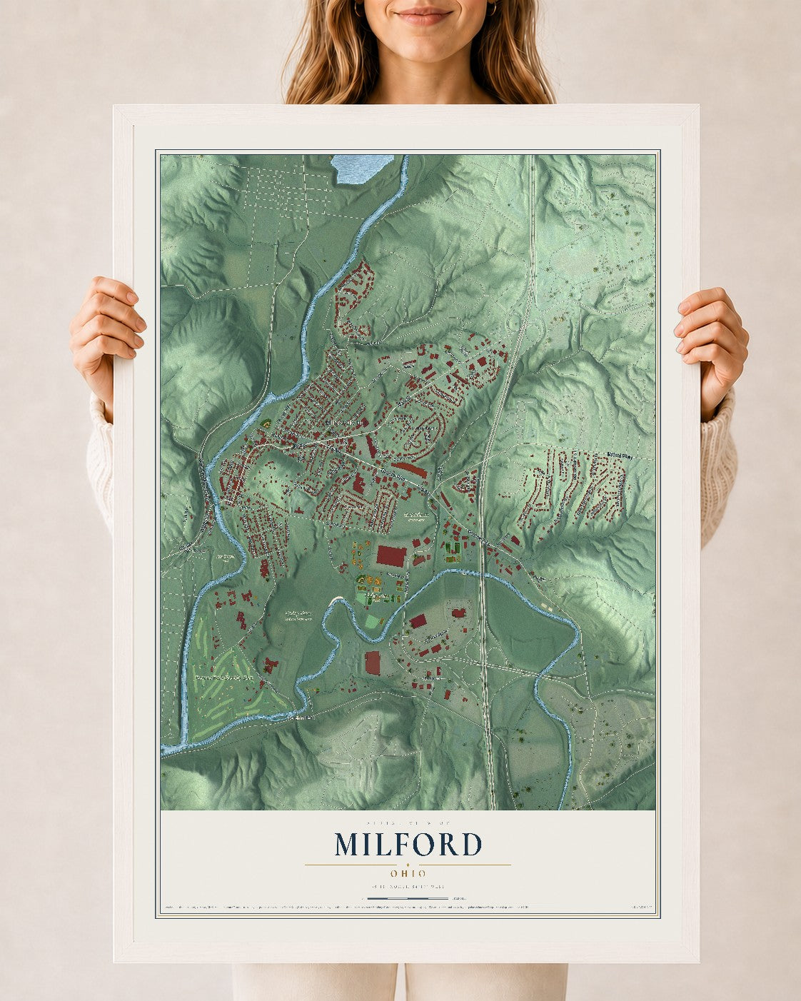 Map of Milford, Ohio, 24 x 36 inch print in a white wood frame