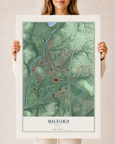 Map of Milford, Ohio, 24 x 36 inch print in a white wood frame