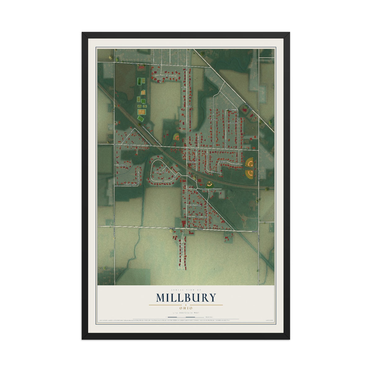 Map of Millbury, Ohio, 12 x 18 inch print in a black wood frame