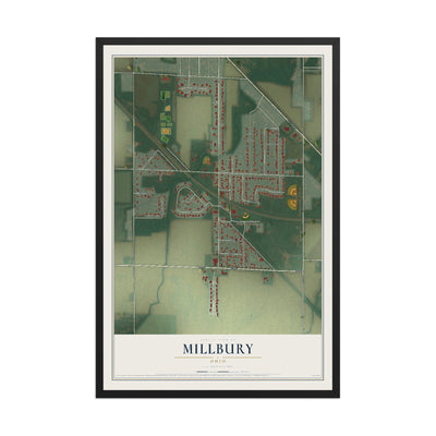 Map of Millbury, Ohio, 12 x 18 inch print in a black wood frame