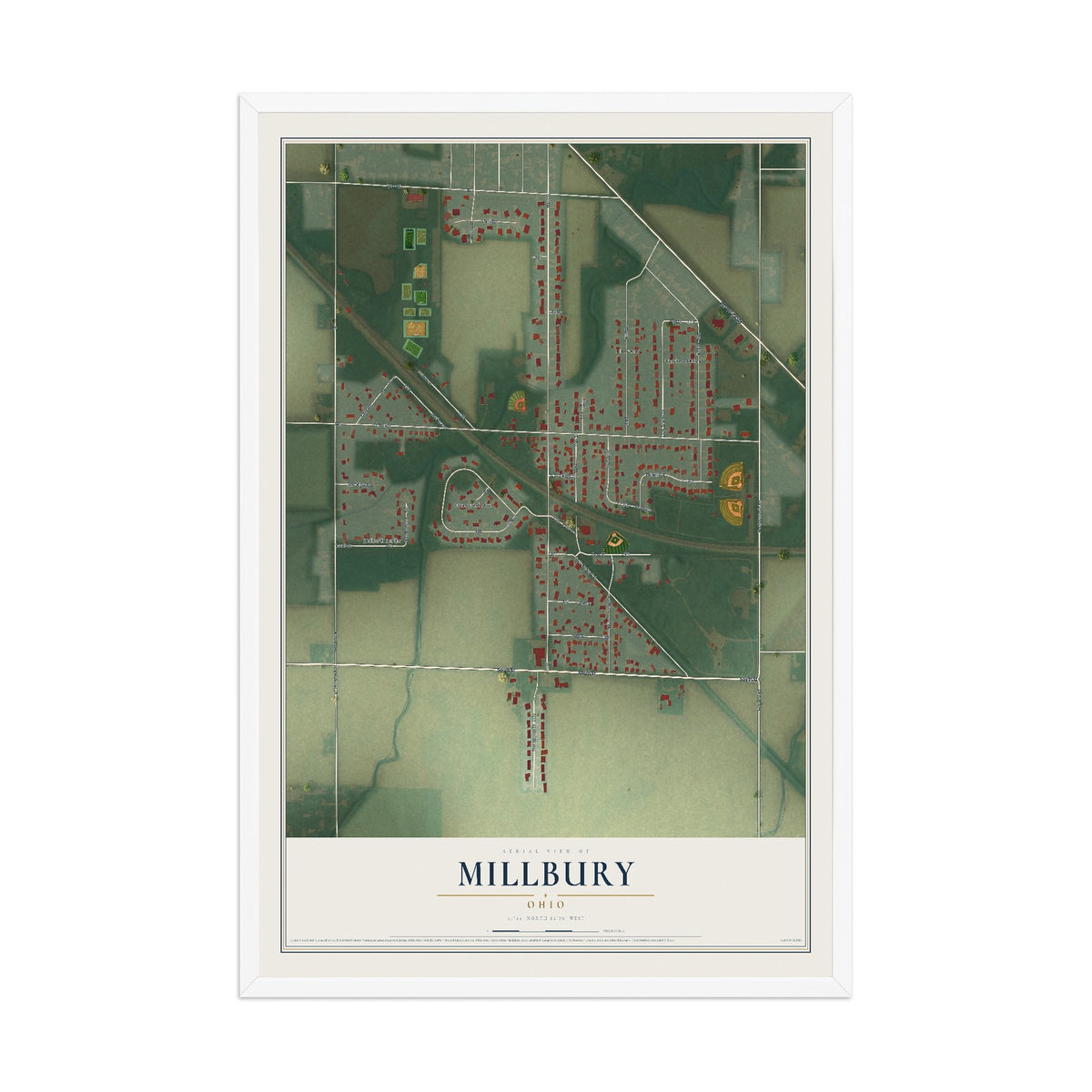 Map of Millbury, Ohio, 12 x 18 inch print in a white wood frame
