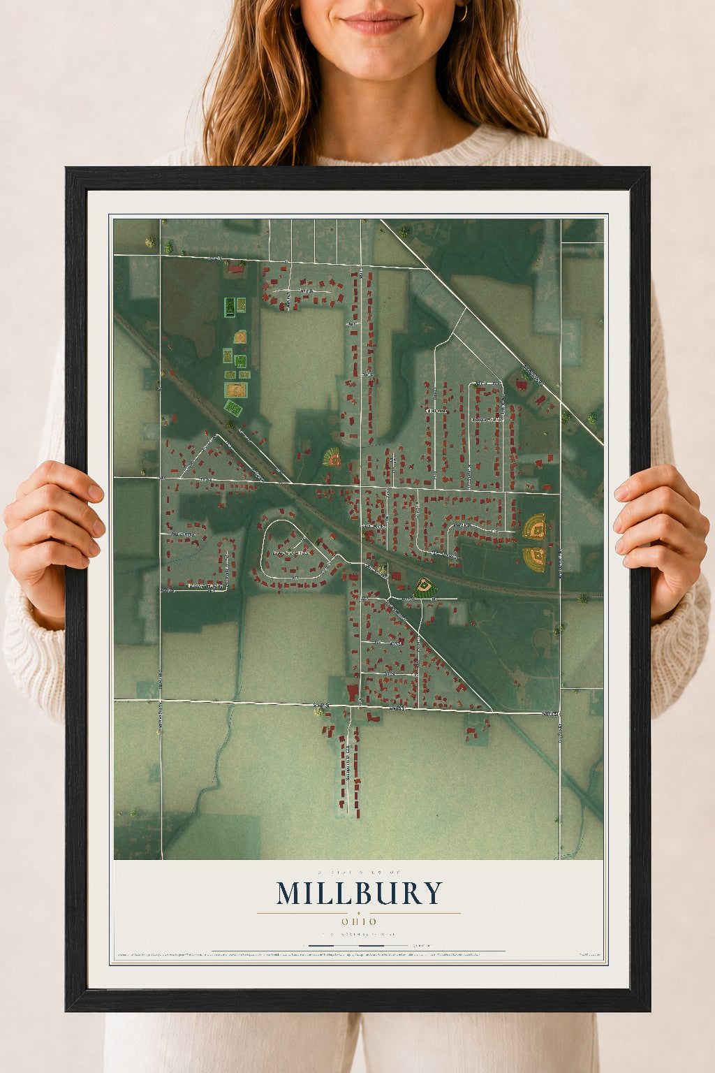 Map of Millbury, Ohio, 18 x 24 inch print in a black wood frame