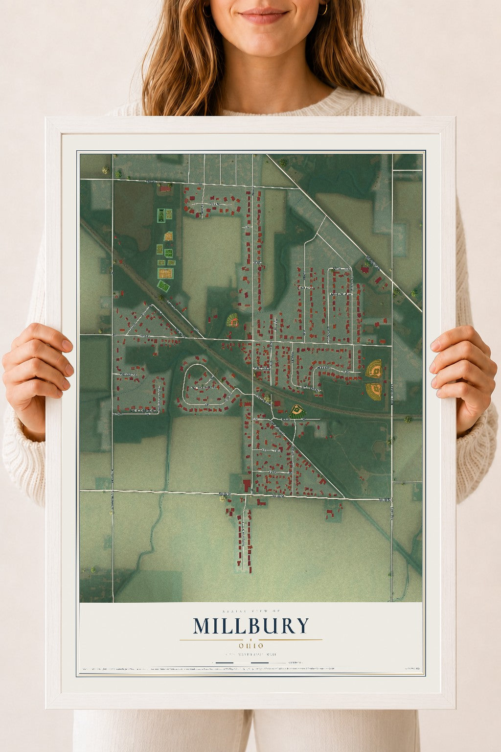 Map of Millbury, Ohio, 18 x 24 inch print in a white wood frame