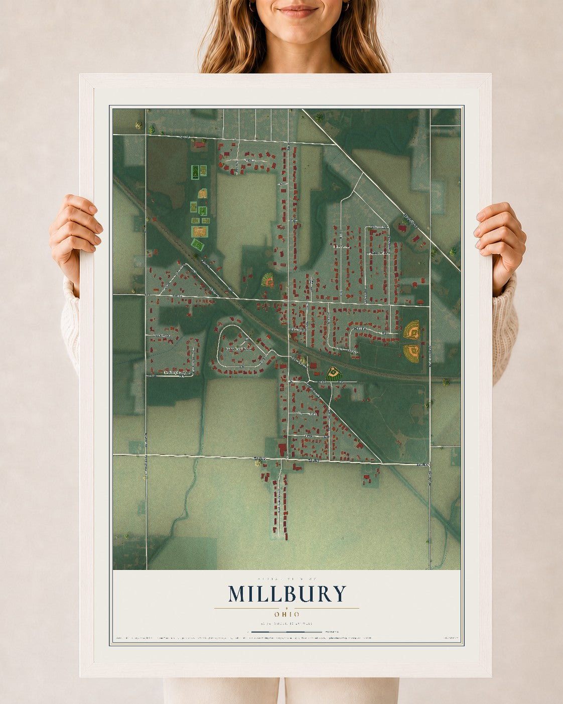 Map of Millbury, Ohio, 24 x 36 inch print in a white wood frame