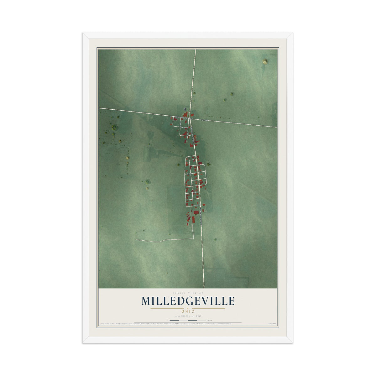 Map of Milledgeville, Ohio, 12 x 18 inch print in a white wood frame