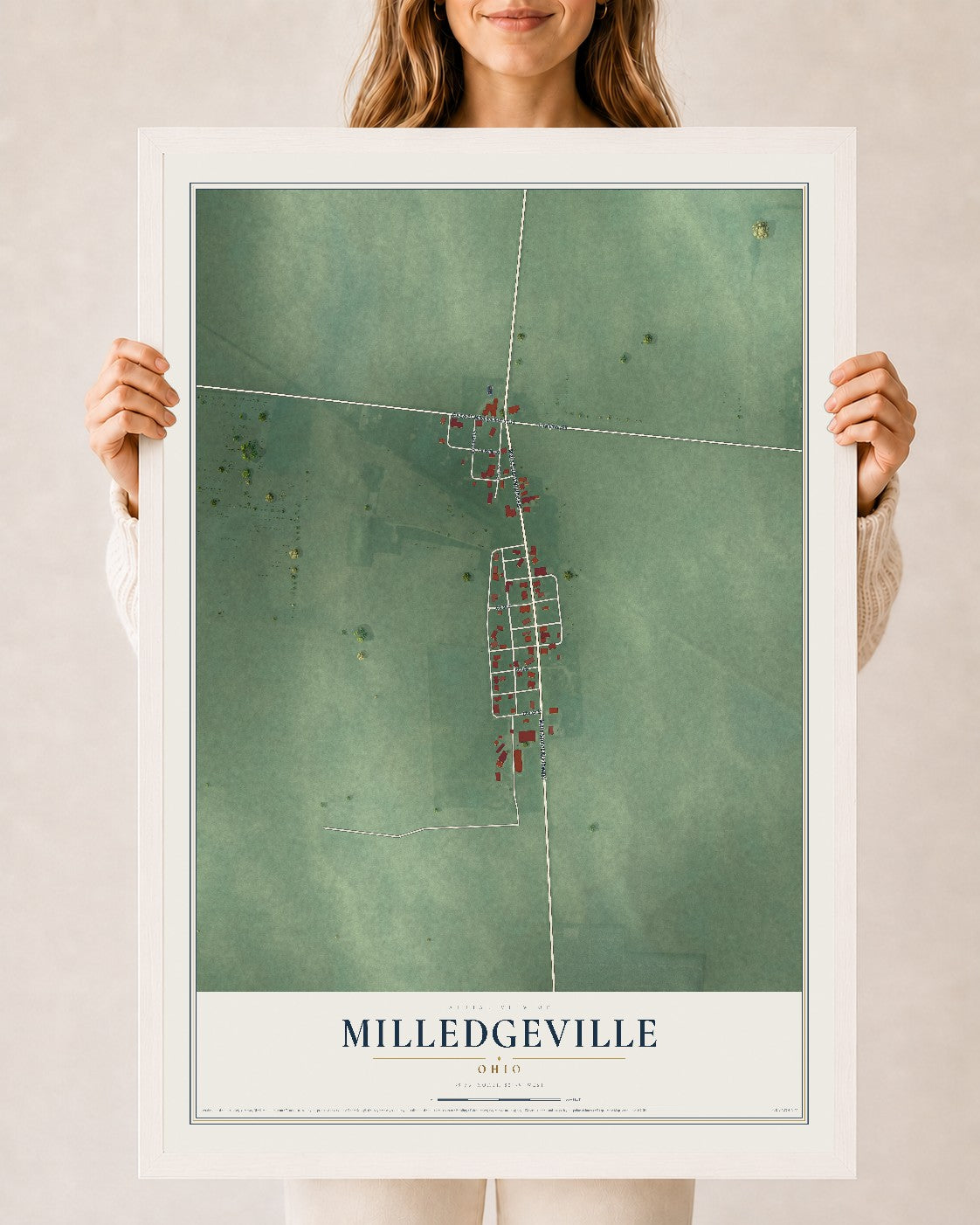Map of Milledgeville, Ohio, 24 x 36 inch print in a white wood frame