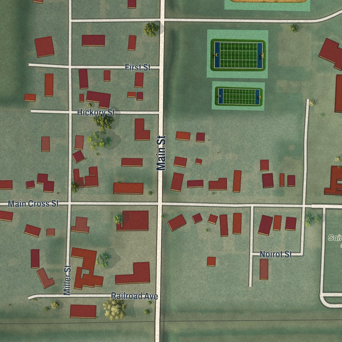 Close-up of the map of Miller City, Ohio print showing street and building detail