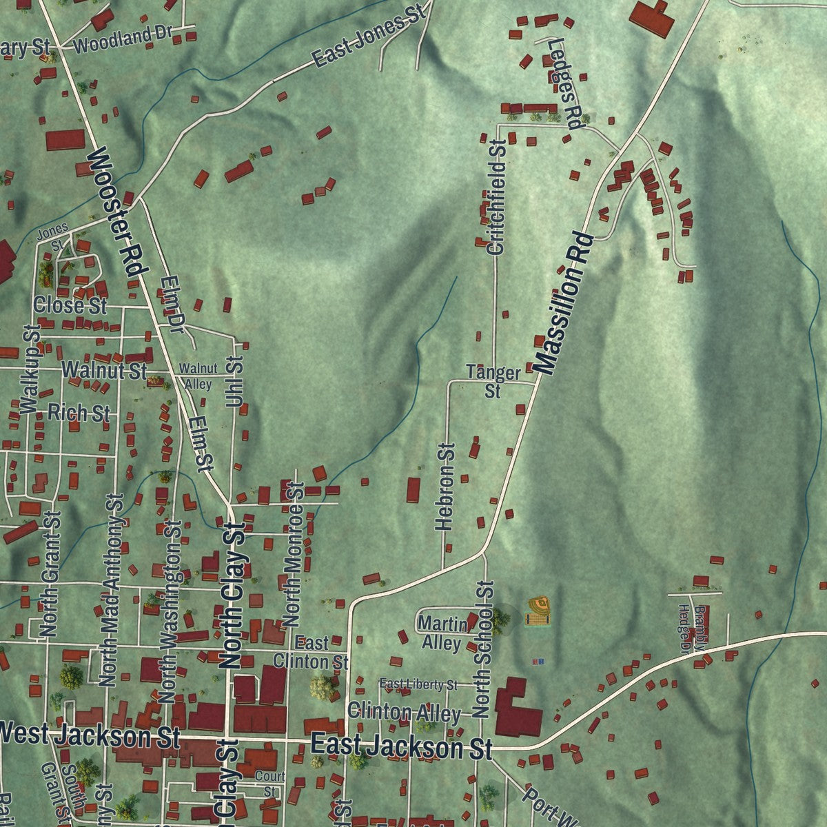Close-up of the map of Millersburg, Ohio print showing street and building detail