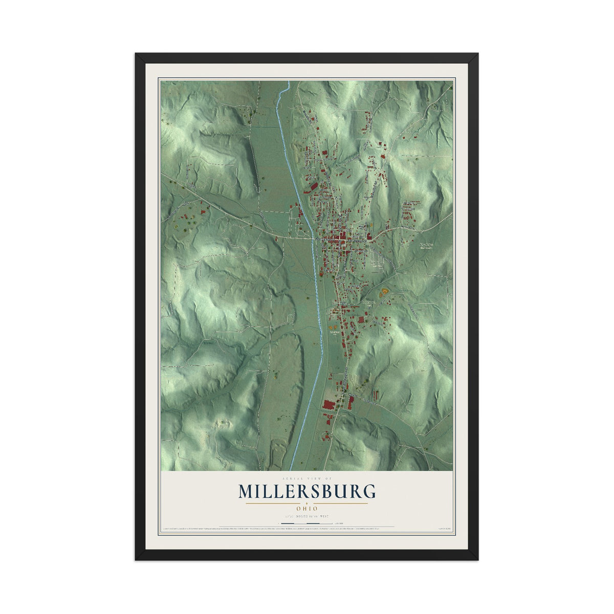 Map of Millersburg, Ohio, 12 x 18 inch print in a black wood frame