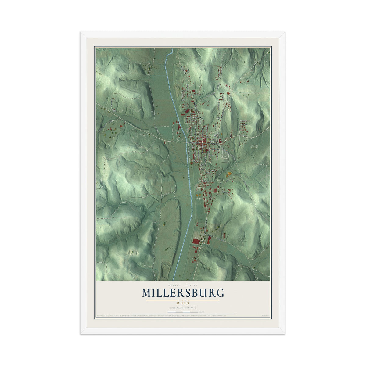 Map of Millersburg, Ohio, 12 x 18 inch print in a white wood frame