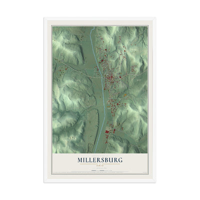 Map of Millersburg, Ohio, 12 x 18 inch print in a white wood frame