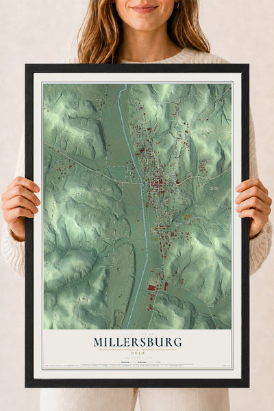 Map of Millersburg, Ohio, 18 x 24 inch print in a black wood frame