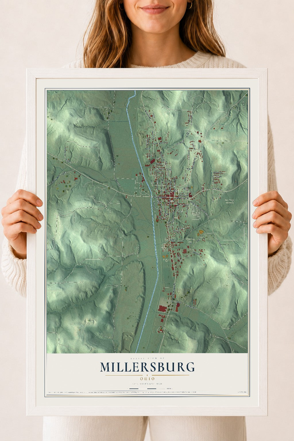 Map of Millersburg, Ohio, 18 x 24 inch print in a white wood frame