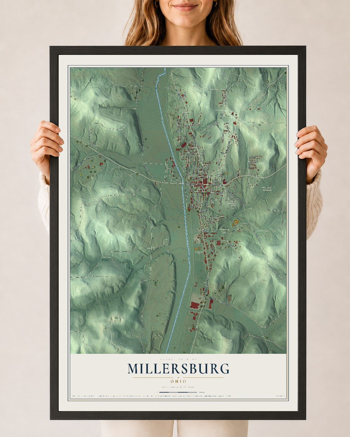 Map of Millersburg, Ohio, 24 x 36 inch print in a black wood frame