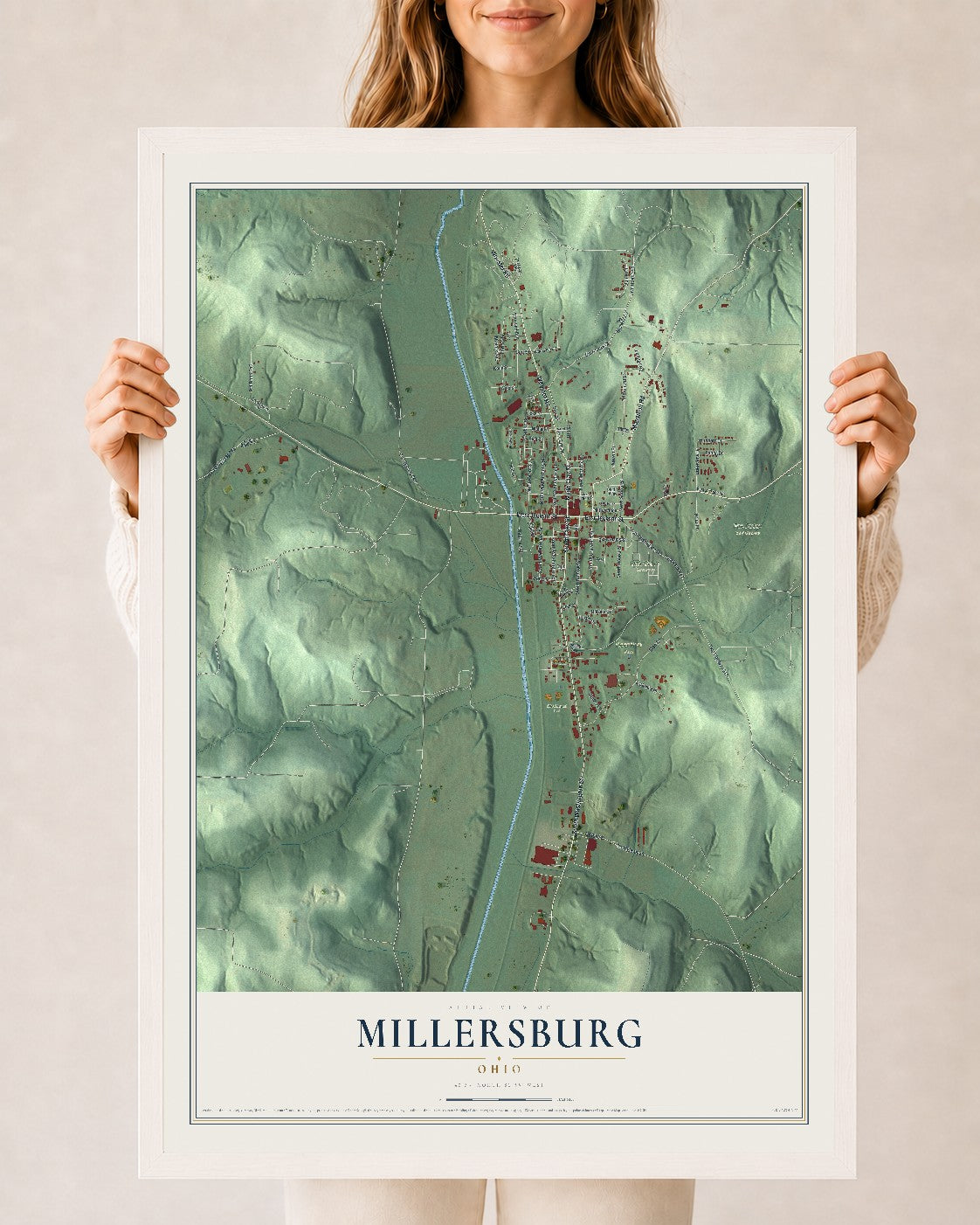 Map of Millersburg, Ohio, 24 x 36 inch print in a white wood frame