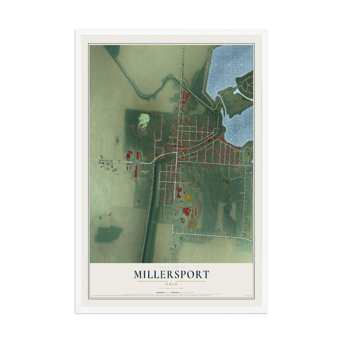 Map of Millersport, Ohio, 12 x 18 inch print in a white wood frame