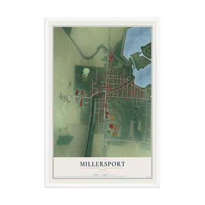 Map of Millersport, Ohio, 12 x 18 inch print in a white wood frame