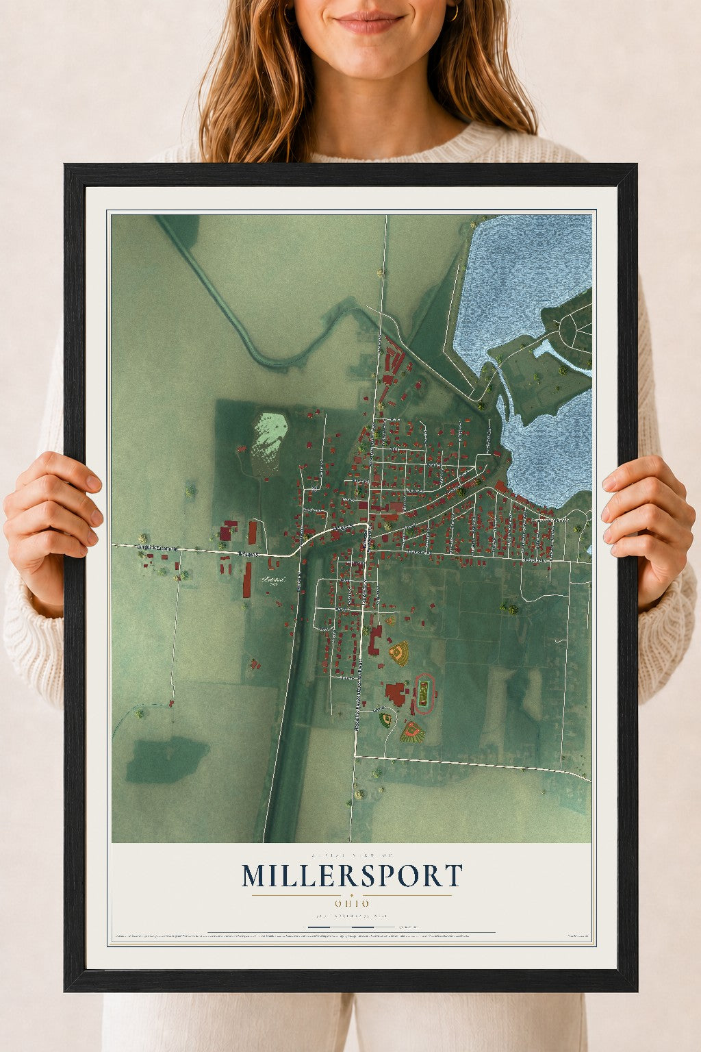 Map of Millersport, Ohio, 18 x 24 inch print in a black wood frame