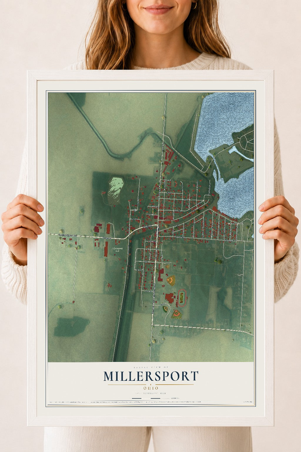 Map of Millersport, Ohio, 18 x 24 inch print in a white wood frame