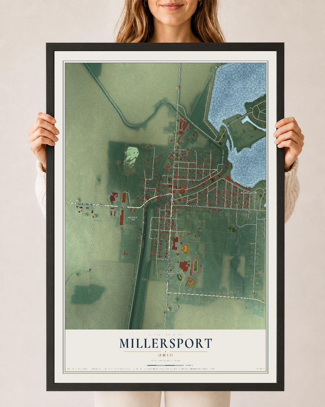 Map of Millersport, Ohio, 24 x 36 inch print in a black wood frame