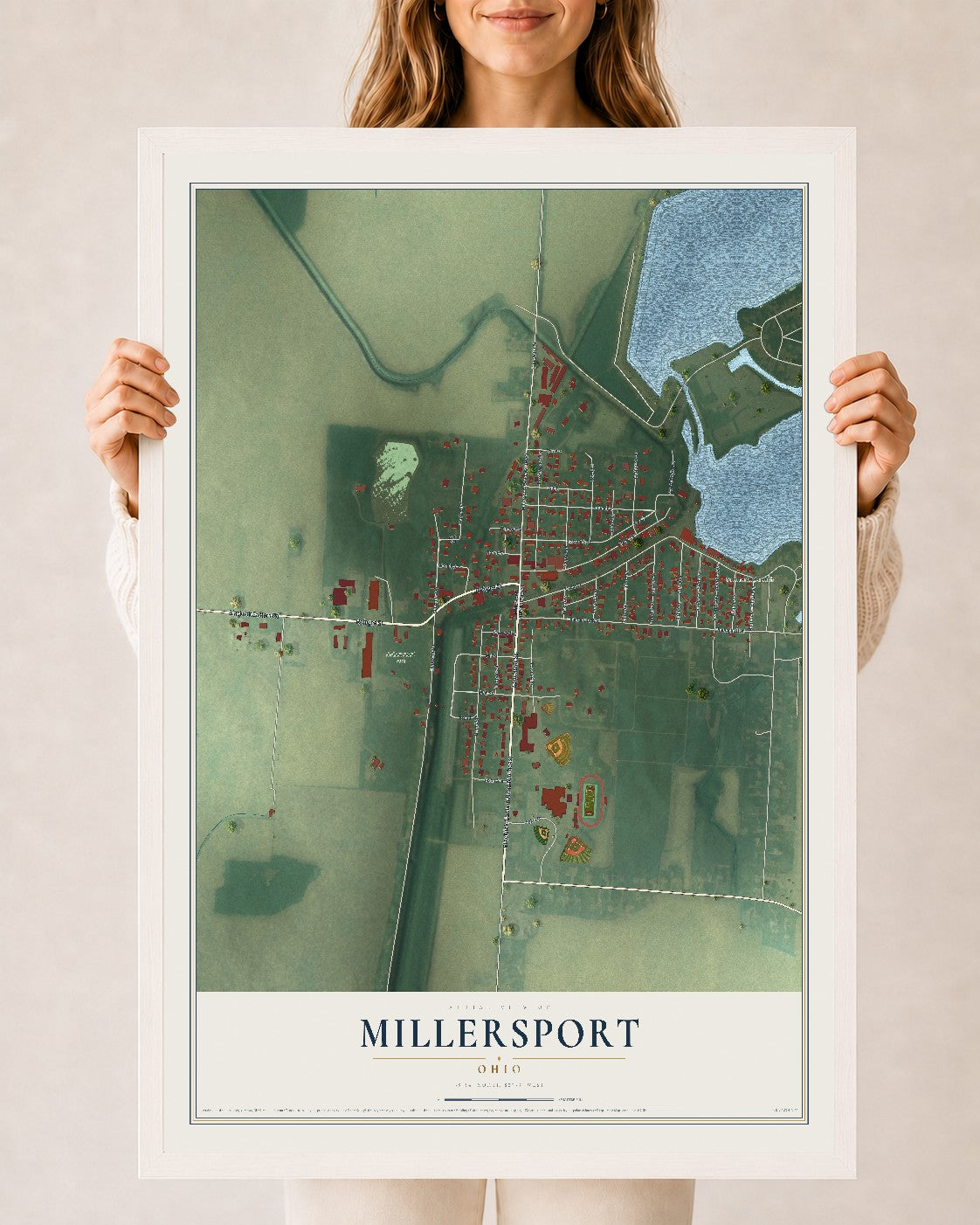 Map of Millersport, Ohio, 24 x 36 inch print in a white wood frame