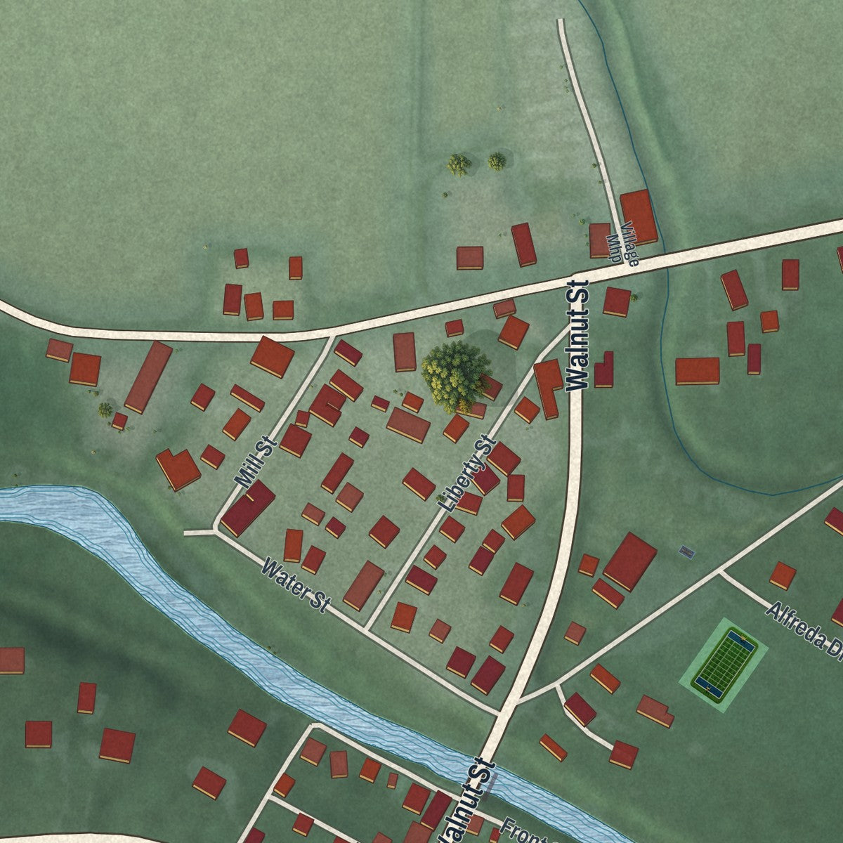 Close-up of the map of Millville, Ohio print showing street and building detail